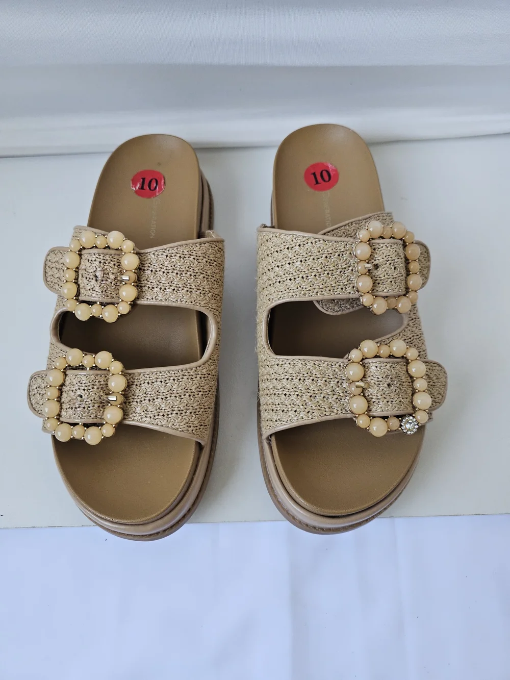 BCBGeneration Beau Raffia Beaded Buckle Slide Sandals - Size 10